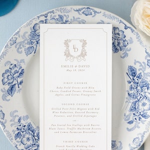 Floral Crest Wedding Menu Cards with Monogram, Blush Wedding Decor, Classic Wedding Table Decor, Elegant Wedding Menus with Bows | EMILIE