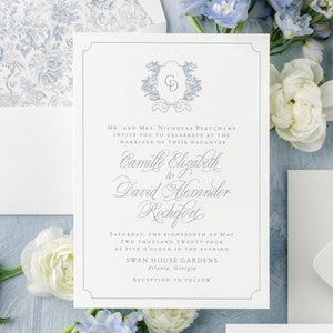 Classic Wedding Invitation with Monogram, Dusty Blue Wedding Invitations, Traditional Wedding Invites, Wedding Invite with Crest | CAMILLE