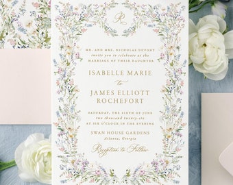 May include: A wedding invitation suite with a floral design. The invitation features a watercolor illustration of a wreath of flowers and greenery. The RSVP card has a floral border and the text "Kindly Respond".