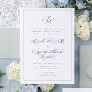 Classic Wedding Invitation Set, Elegant Wedding Invitations, Printed Wedding Invite, Blue Wedding Invitation Cards with Monogram | MARIELLE