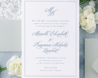 Classic Wedding Invitation Set, Elegant Wedding Invitations, Printed Wedding Invite, Blue Wedding Invitation Cards with Monogram | MARIELLE