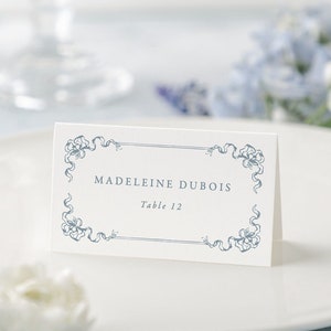 English Regency Wedding Escort Cards, Dusty Blue Escort Cards with Bows, Printed Wedding Decor, Name Cards for Wedding Reception | ANNABELLE