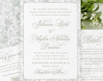 Sage Green Floral Wedding Invitation, Traditional Wedding Invitations Printed, Regency Style Wedding Invite with Calligraphy | JULIENNE