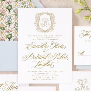 Floral Crest Wedding Invitation Suite, Regency Style Wedding Invitations, Elegant Wedding Invitation Set, Wedding Invites Printed | EMMELINE