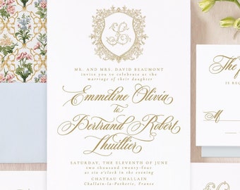 Floral Crest Wedding Invitation Suite, Regency Style Wedding Invitations, Elegant Wedding Invitation Set, Wedding Invites Printed | EMMELINE