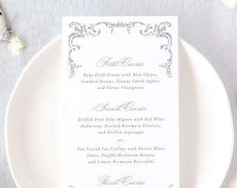 JULIETTE | Elegant Wedding Menu Printed, Classic Wedding Decor, Purple Wedding Menu Card, Wedding Table Decor, Formal Dinner Menu