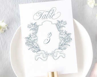 Dusty Blue Wedding Table Numbers, Formal Table Number with Crest, Classic Wedding Decor Printed, Elegant Wedding Signs | CAMILLE