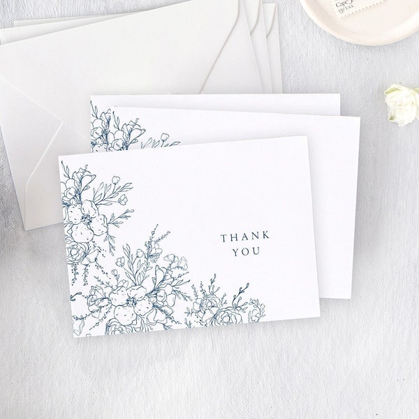 Floral Wedding Shower Thank You Cards, Thank You Cards Wedding, Navy Wedding Thank You Cards, Set of 10