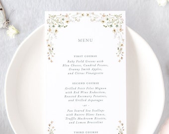 EVELYN | Watercolor Floral Wedding Menu Cards, Printed Wedding Decor, Blue and Blush Wedding Table Decor, Wildflower Wedding Menus