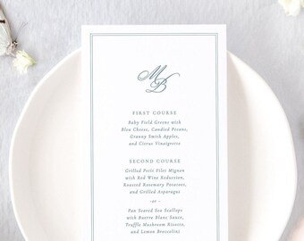MARIELLE | Classic Wedding Menus Printed, Blue Wedding Decor, Traditional Wedding Menu Card, Simple Wedding Table Decor, Formal Dinner Menu