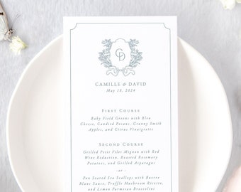 CAMILLE | Floral Crest Wedding Menu Cards with Monogram, Dusty Blue Wedding Decor, Classic Wedding Table Decor, Printed Wedding Menus