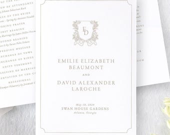 Blush Wedding Ceremony Program with Crest, Classic Wedding Programs, Folded Wedding Programs Printed, Monogram Wedding Program | EMILIE