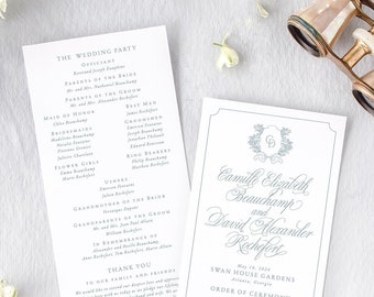 CAMILLE | Dusty Blue Wedding Program, Classic Wedding Programs Printed, Wedding Ceremony Program with Crest, Simple Wedding Order of Service