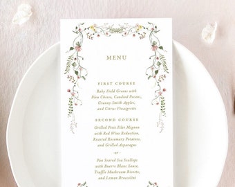 CLAIRE | Rustic Wedding Menu Printed, Floral Wedding Decor, Wildflower Wedding Menu Card, Wedding Table Decor, Formal Dinner Menu