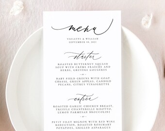 VIOLETTE | Menu de mariage moderne, cartes de menu de mariage de calligraphie, cartes de menu imprimées