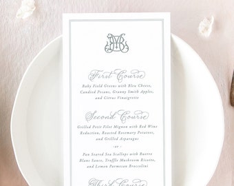 MARGUERITE | Printed Wedding Menu Card, Classic Wedding Decor for Reception, Wedding Menus with Floral Monogram, Wedding Table Decor