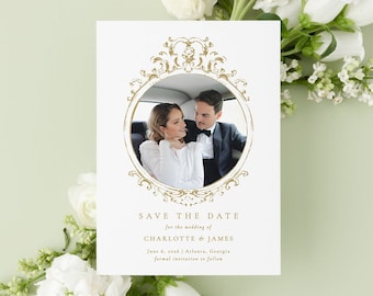 Photo "Retenez cette date", Imprimé "Retenez cette date", Élégante carte "Retenez cette date" pour mariage, "Retenez cette date" avec cadre floral | CHARLOTTE