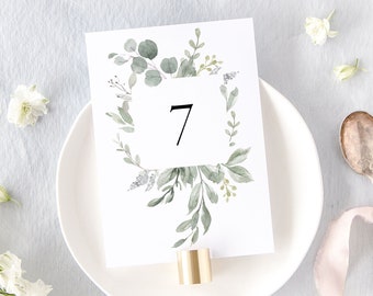 BEATRICE | Modern Greenery Table Number, Rustic Wedding Table Numbers, Eucalyptus Wedding Signs, Printed Table Numbers Wedding