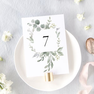 BEATRICE Modern Greenery Table Number, Rustic Wedding Table Numbers, Eucalyptus Wedding Signs, Printed Table Numbers Wedding image 1