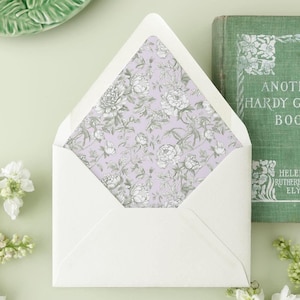 Regency Wedding Invitation Envelopes Coquette, Lavender Floral Lined Envelopes, Modern Rococo A7 Envelope Liner, "Blossoms of Provence"