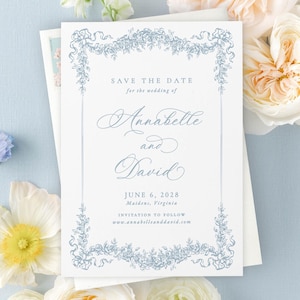 Dusty Blue Floral Frame Wedding Save the Date Template, Printable Save the Dates Instant Download, Regency Wedding Template, MPD1004