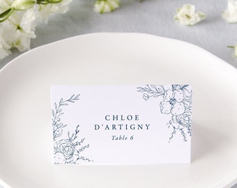 CAROLINE | Navy Blue Wedding Place Card, Printed Place Cards, Floral Escort Cards