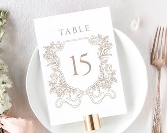 EMILIE | Dusty Pink Wedding Table Numbers, Formal Table Number with Crest, Classic Wedding Decor Printed, Elegant Wedding Signs