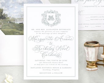 MARGUERITE | Elegant Wedding Invitations with Monogram, Green Wedding Invitation, Classic Wedding Invitation Set, Printed Wedding Invites