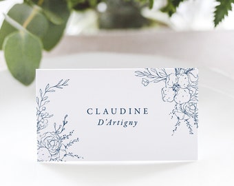 CAROLINE | Navy Blue Wedding Place Card, Printed Place Cards, Floral Escort Cards