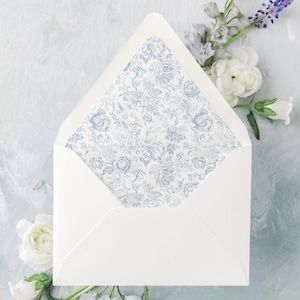 Blue Floral Wedding Invitation Envelopes, Grandmillenial Rose Lined Envelopes for Wedding, Toile Envelope Liner, "Floral Whisper in Blue"