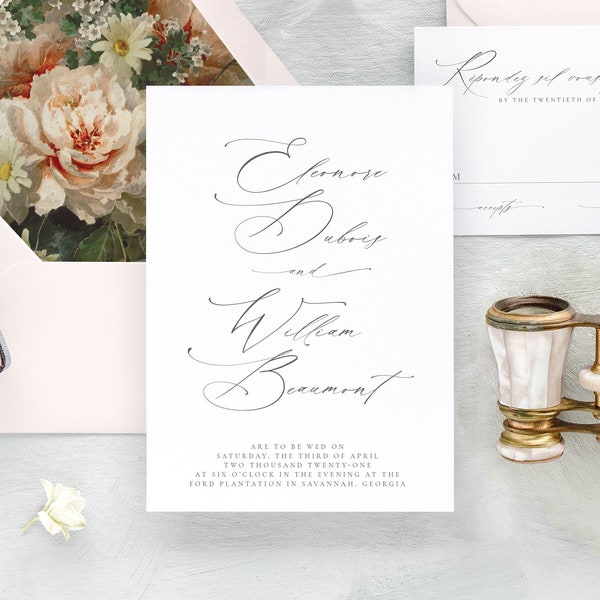 ELEONORE | Simple Wedding Invitation, Elegant Wedding Invitations, Minimalist Floral Wedding Invitation