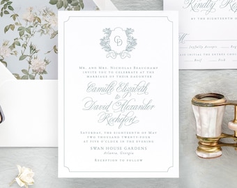 CAMILLE | Classic Wedding Invitation with Monogram, Dusty Blue Wedding Invitations, Traditional Wedding Invites, Wedding Invite with Crest