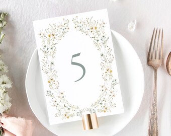 EVELYN | Floral Wedding Table Numbers, Pink and Blue Wildflower Table Number, Printed Wedding Decor, Modern Rustic Wedding Table Decor