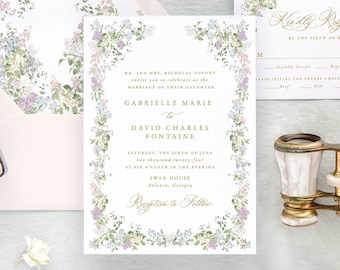 GABRIELLE | Floral Wedding Invitation Set, Elegant Wedding Invitations, Printed Wedding Invite with Wreath, Romantic Wedding Invites