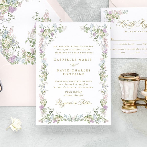 GABRIELLE | Floral Wedding Invitation Set, Elegant Wedding Invitations, Printed Wedding Invite with Wreath, Romantic Wedding Invites