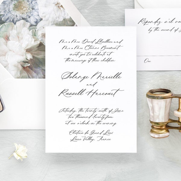 SOLANGE | Calligraphy Wedding Invitation Set, Elegant Wedding Invitations, Romantic Wedding Invitation Suite