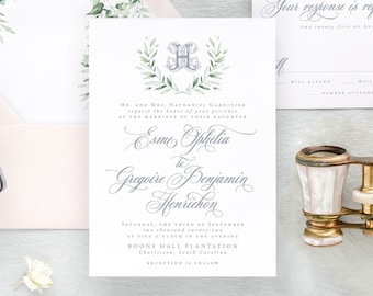 ESME | Greenery Wedding Invitation Set, Monogram Wedding Invitations, Elegant Wedding Invitation Suite with Crest, Printed Wedding Invites