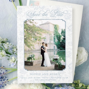 Dusty Blue Wedding Save the Date Template Instant Download, Floral Save the Date with Picture, Save the Date Wedding Template, MPD1008
