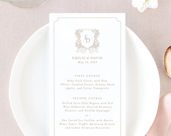 EMILIE | Floral Crest Wedding Menu Cards with Monogram, Blush Wedding Decor, Classic Wedding Table Decor, Elegant Wedding Menus Printed