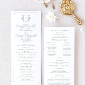 Dusty Blue Wedding Program, Classic Wedding Programs Printed, Wedding Ceremony Program with Crest, Simple Wedding Order of Service | CAMILLE