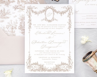 CLAUDETTE | Blush Pink Floral Frame Wedding Invitation, Elegant Wedding Invites, Romantic Wedding Invitations, French Toile Wedding Invite