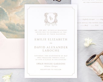 EMILIE | Modern Classic Wedding Invitation Suite, Traditional Wedding Invitations with Monogram, Romantic Wedding Invites with Crest