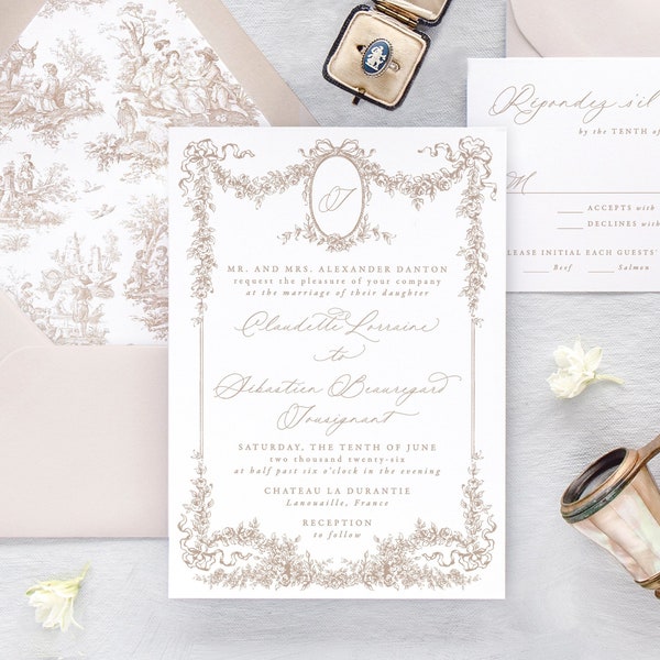 CLAUDETTE | Blush Pink Floral Frame Wedding Invitation, Elegant Wedding Invites, Romantic Wedding Invitations, French Toile Wedding Invite