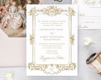 CHARLOTTE | Floral Frame Wedding Invitation, Elegant Wedding Invitations, Gold Wedding Invites, Printed Destination Wedding Invitations