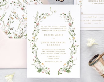 CLAIRE | Rustic Wedding Invitation with Wreath, Floral Wedding Invitation Set, Printed Wedding Invite, Elegant Wedding Invitations