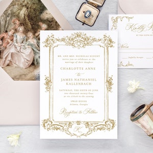 CHARLOTTE Floral Frame Wedding Invitation, Elegant Wedding Invitations, Gold Wedding Invites, Printed Destination Wedding Invitations image 1