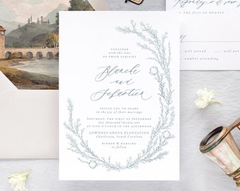 BLANCHE | Elegant Wedding Invitations, Dusty Blue Wedding Invitation Set, Floral Wedding Invitation Suite