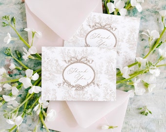 Cartes de remerciement Toile de Jouy française, élégant jeu de cartes de remerciement pour baby shower, carte de remerciement rose poudré pour baby shower avec enveloppes