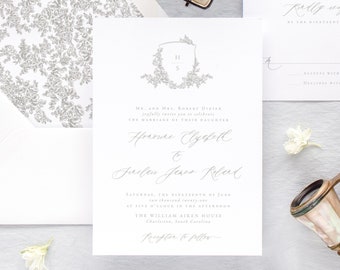 HONORINE | Monogram Wedding Invitation, Winter Wedding Invitations, Floral Wedding Invitation Set