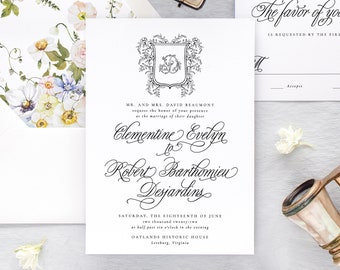 Floral Wedding Invitation with Monogram Crest, Printed Wedding Invitations, Elegant Wedding Invitation Set, Classic Wedding Invites,